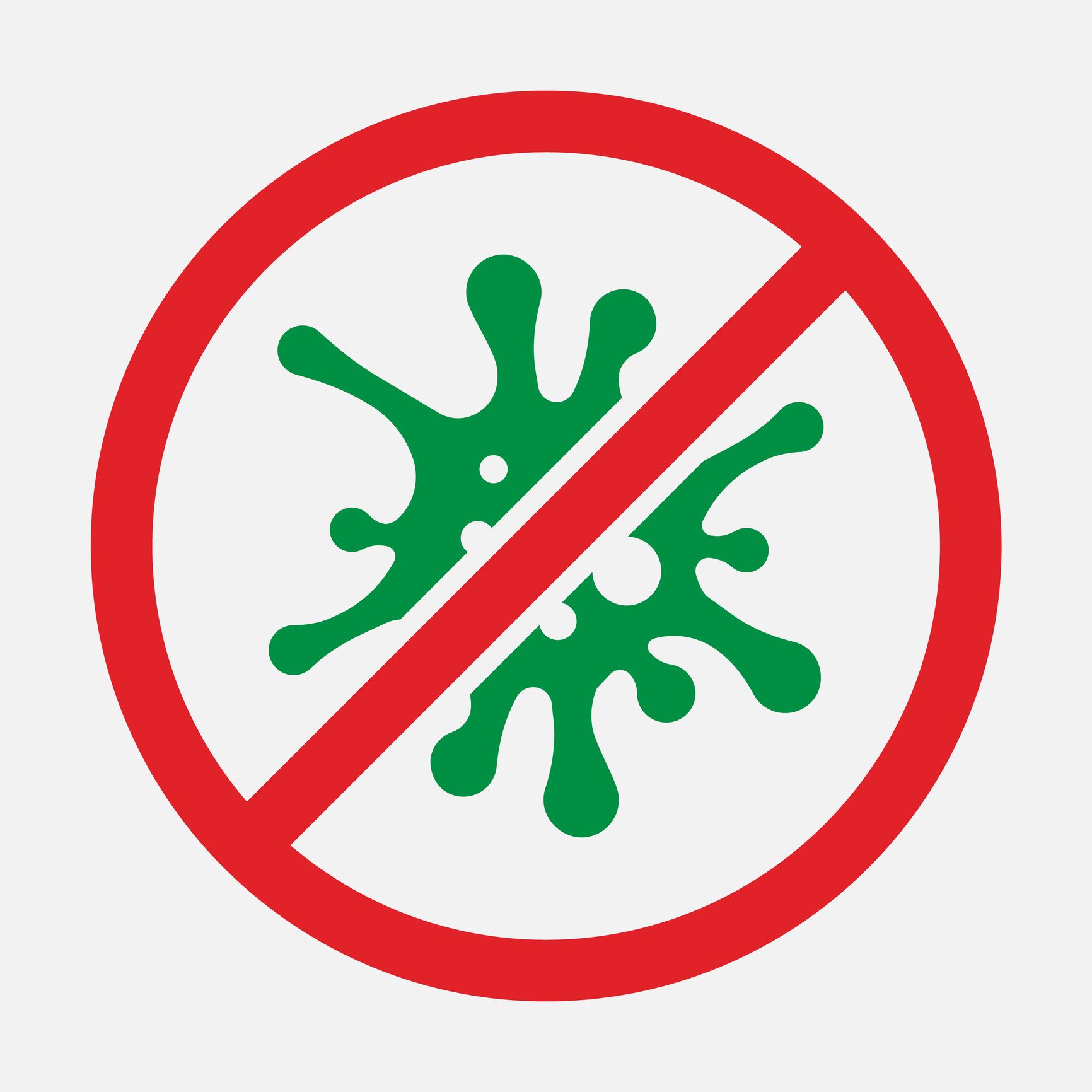 Green virus symbol crossed out in a red circle, indicating prevention or prohibition.