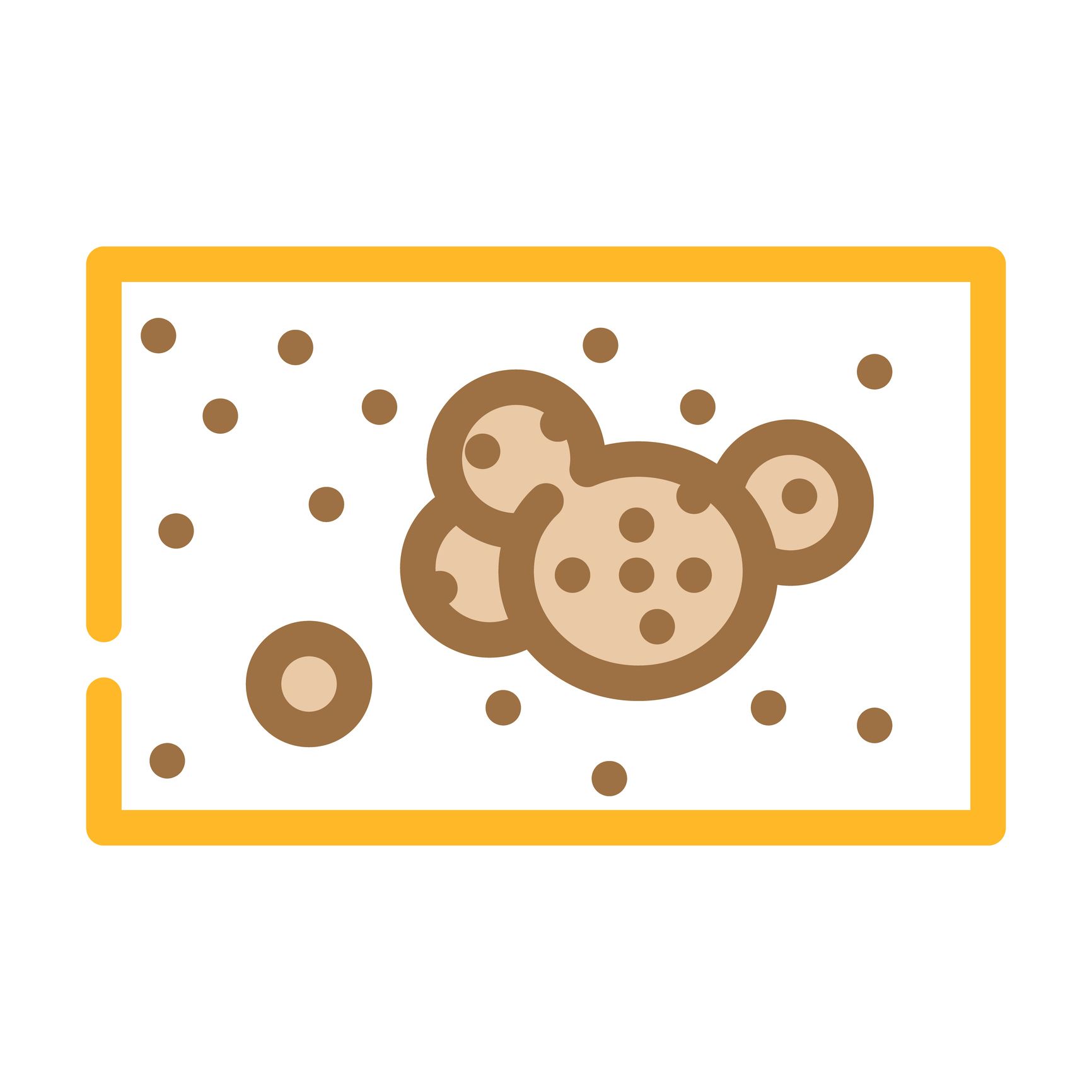 Yellow rectangle, brown cluster of circles and small circles; a possible illustration of bacteria.