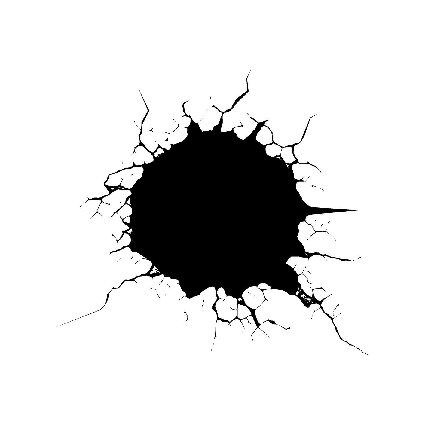 Black hole with cracks radiating outwards on white background.