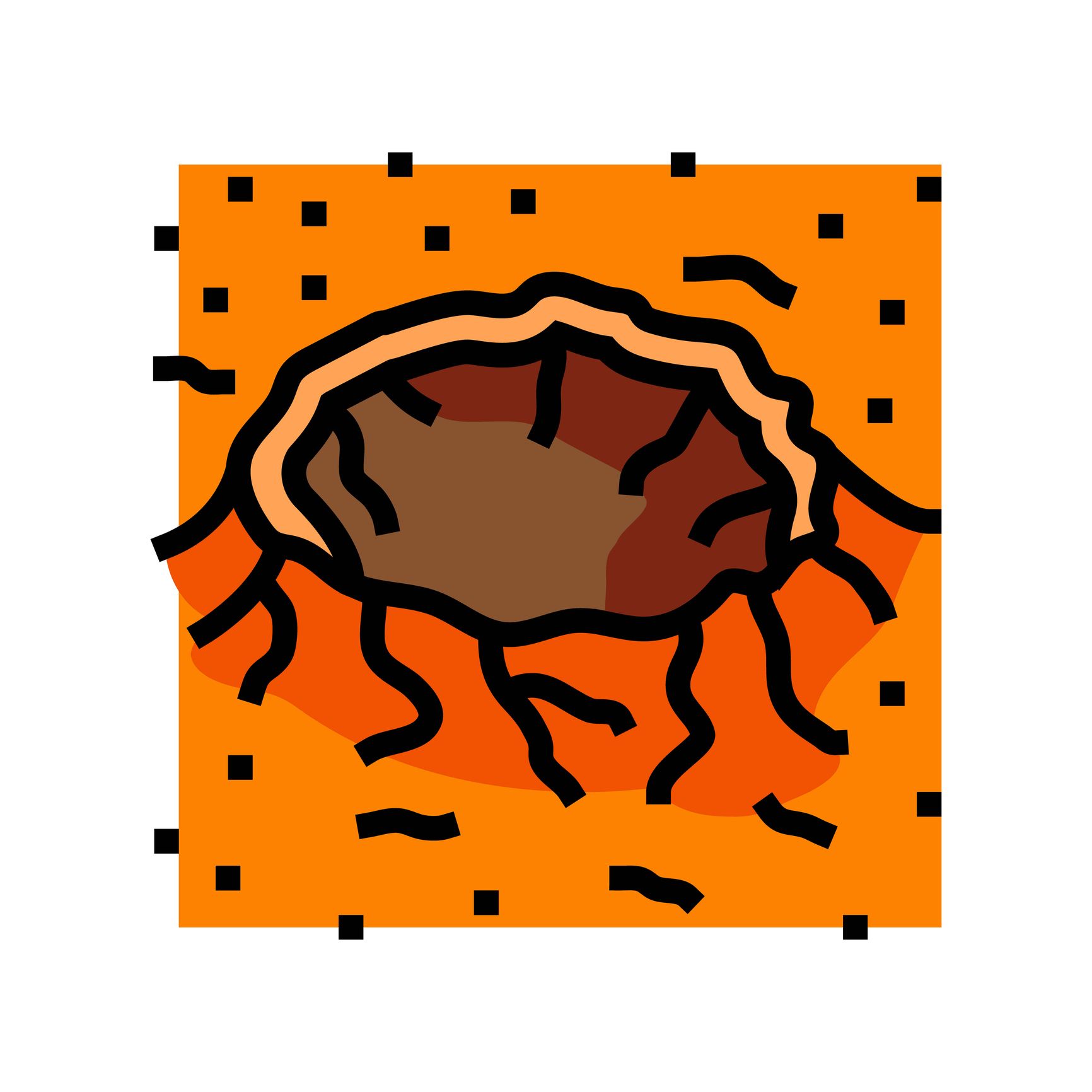 Crater in orange ground; brown and tan interior, black dots and lines.