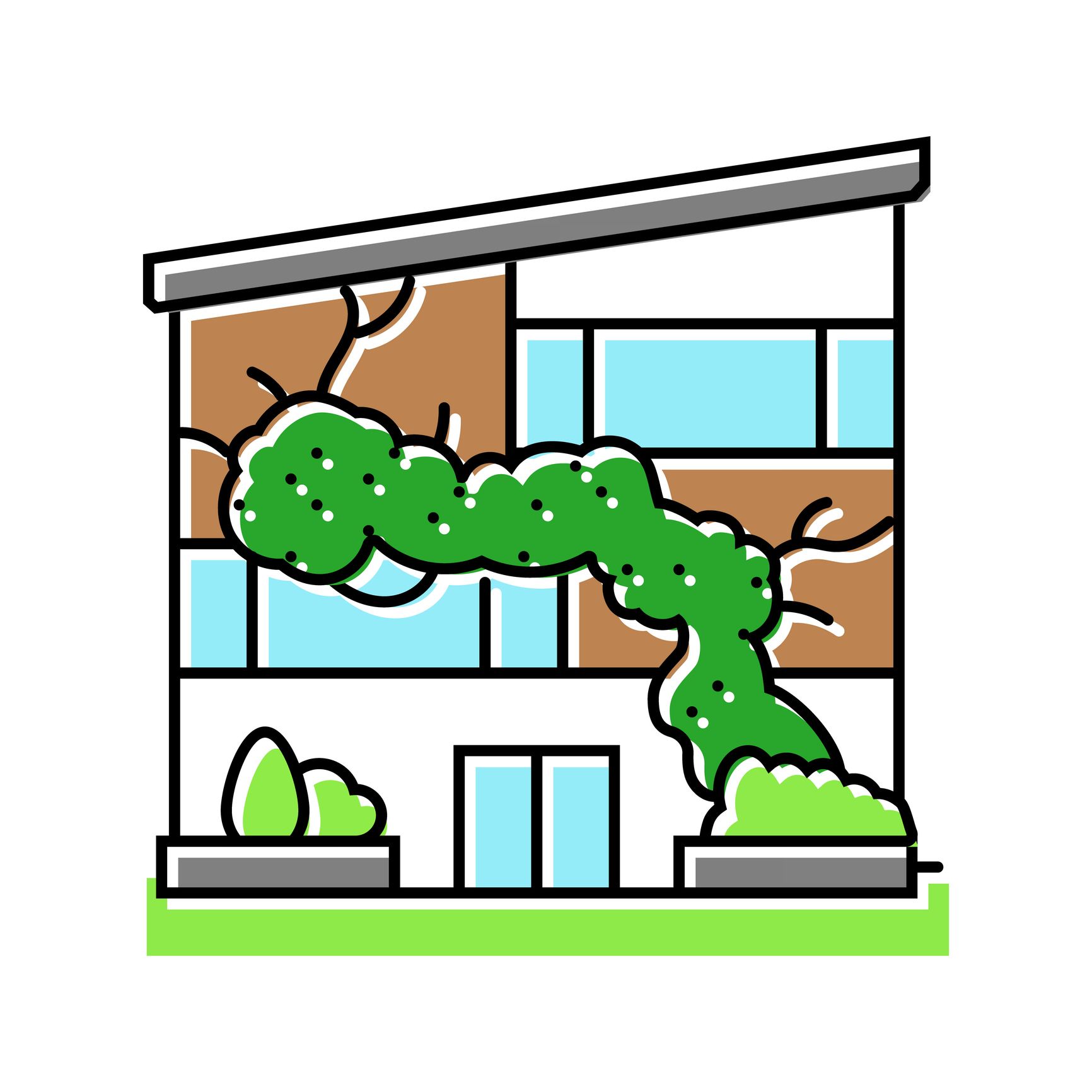 Modern house with climbing green vines on brown walls.