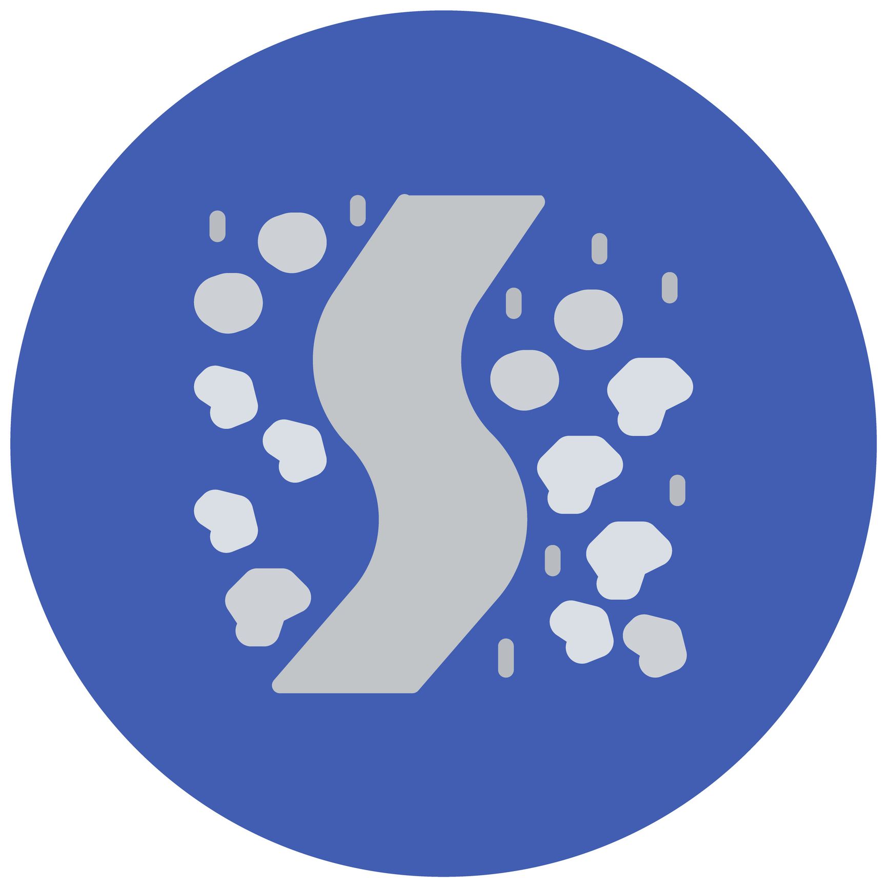 Blue circle with a gray winding path and scattered gray rocks.