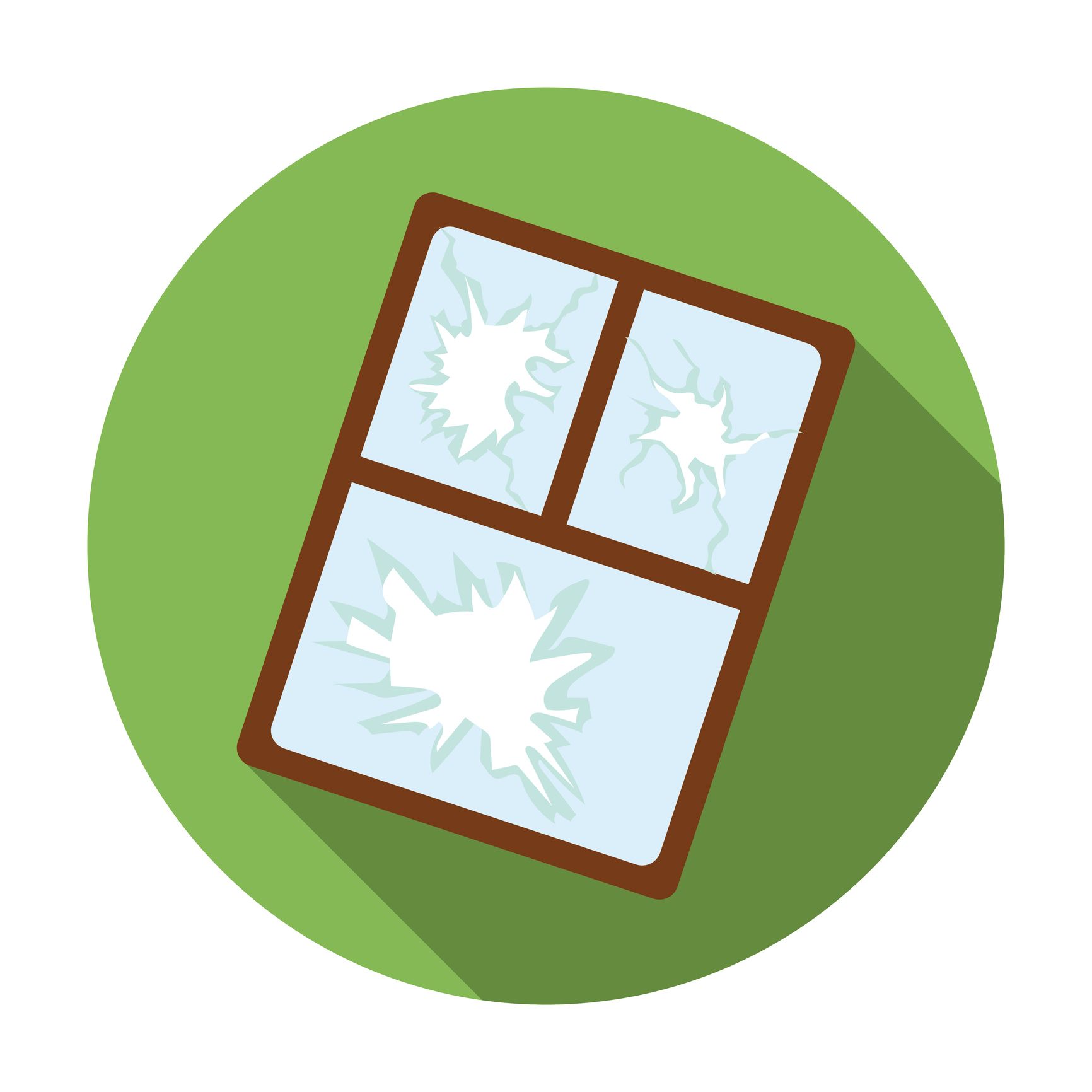 Broken window in a brown frame, with cracks on each pane, on a green background.
