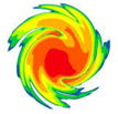 Hurricane graphic, swirling with red, orange, and yellow, denoting intensity.