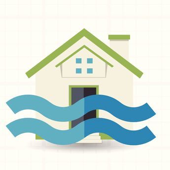 House with green roof and blue waves indicating flood.