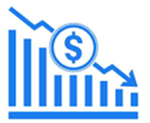 Blue bar graph and downward trend with dollar sign, indicating a financial decrease.