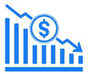 Blue bar graph and downward trend with dollar sign, indicating a financial decrease.
