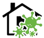 Black house with green virus icons.