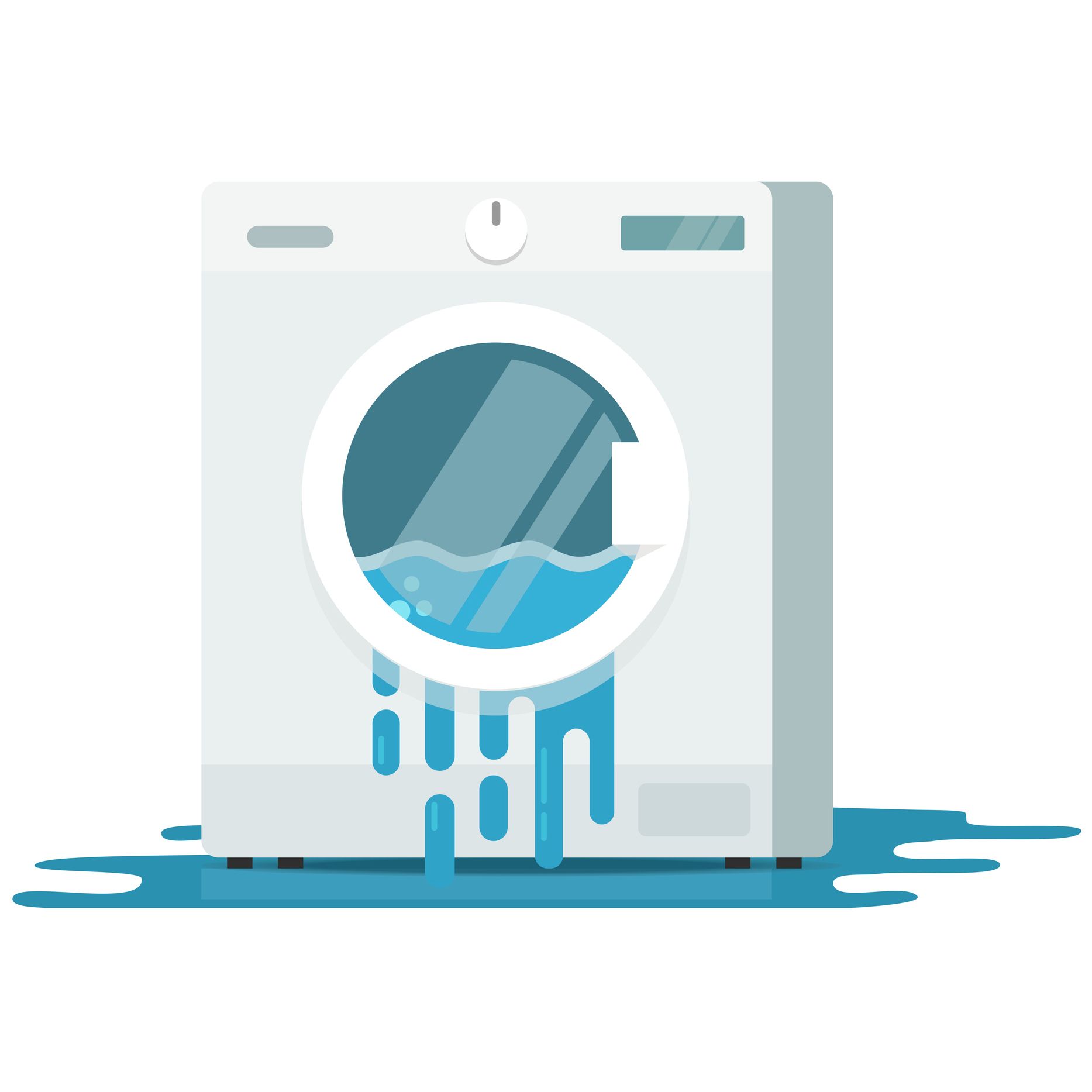 Washing machine overflowing with water onto the floor; blue and white illustration. Washing machine overflowing with water onto the floor; blue and white illustration.