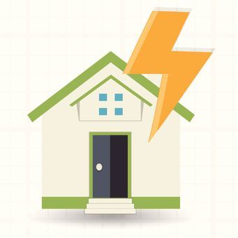 House with green roof and a lightning bolt.