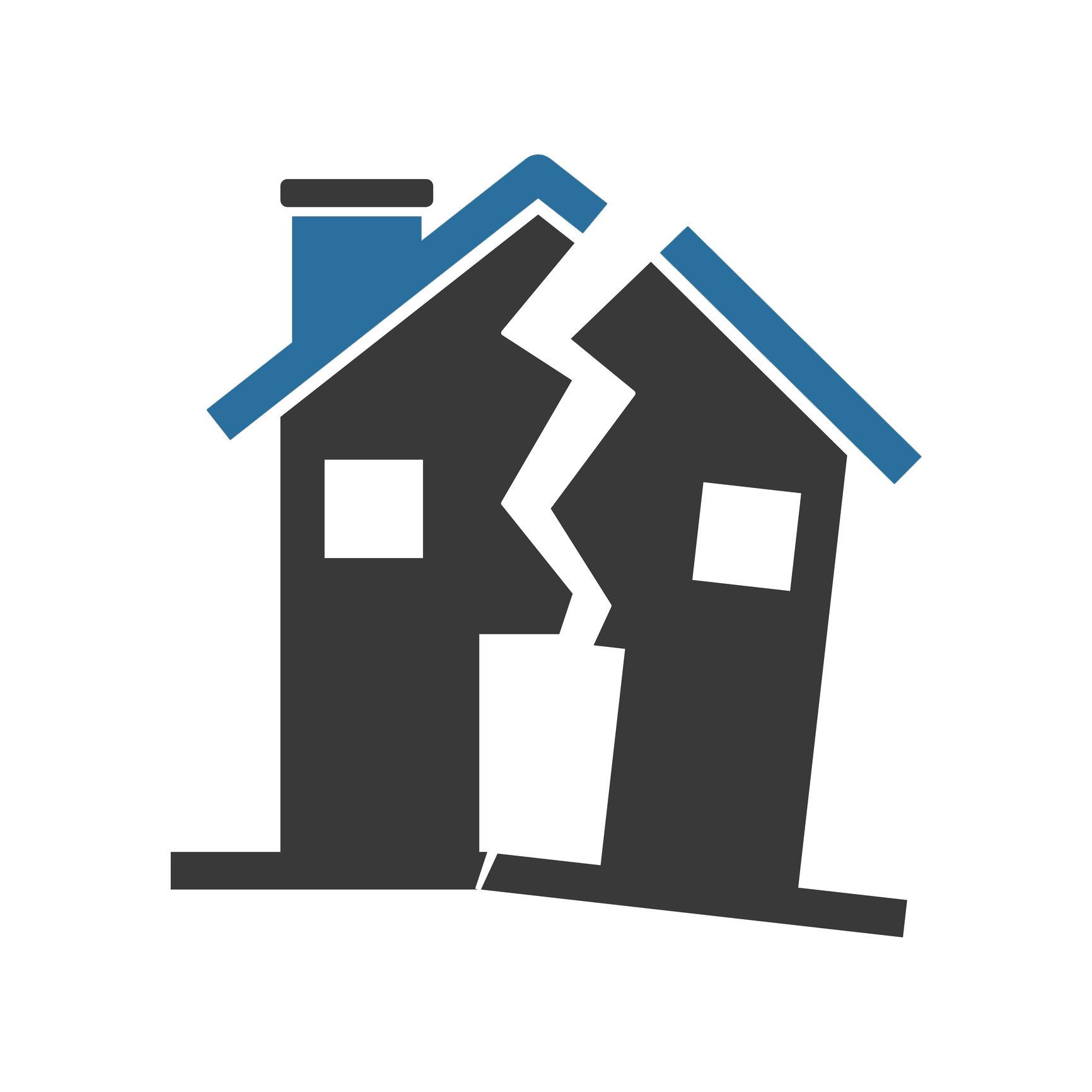 Cracked house icon, dark gray with blue roof, representing property division or divorce.