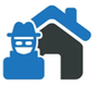 Blue thief wearing a hat, peeking out from a dark blue and black house.