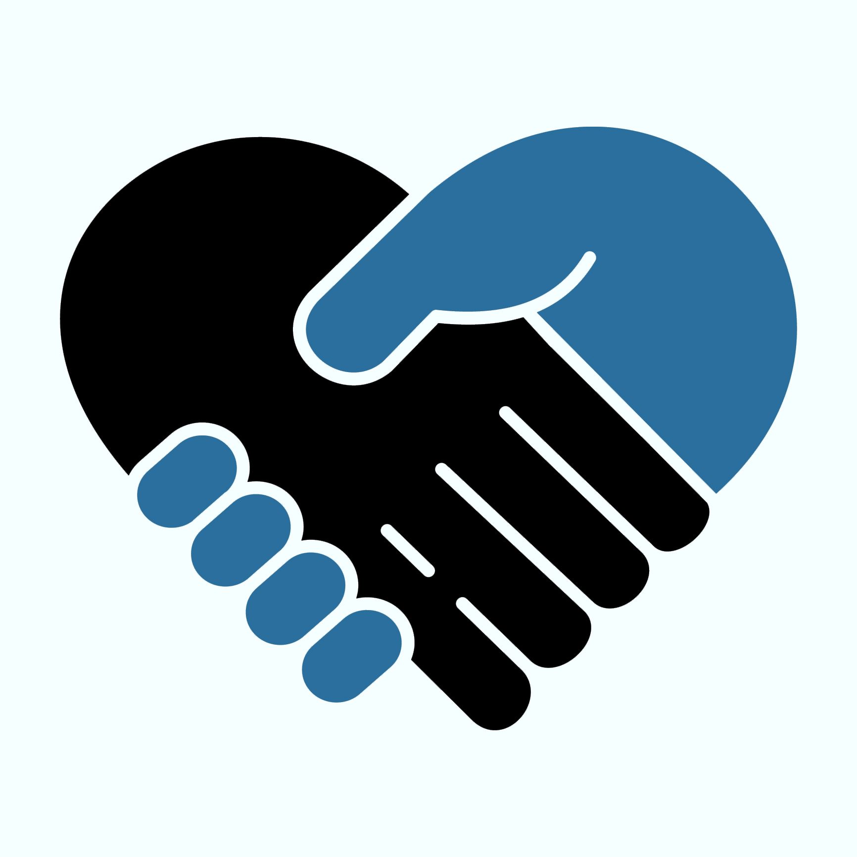 Handshake graphic forming a heart shape; black and blue hands.