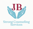 JB logo with blue hands cradling maroon letters, and &ldquo;Strong Counseling Services&rdquo; in blue text
