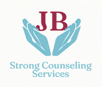 JB logo with blue hands cradling maroon letters, and “Strong Counseling Services” in blue text