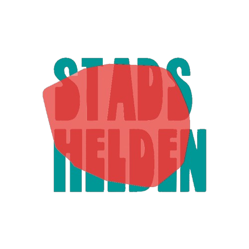 Een rood en blauw logo voor stadshelden