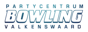 A blue and white logo for partycentrum bowling valkenswaard