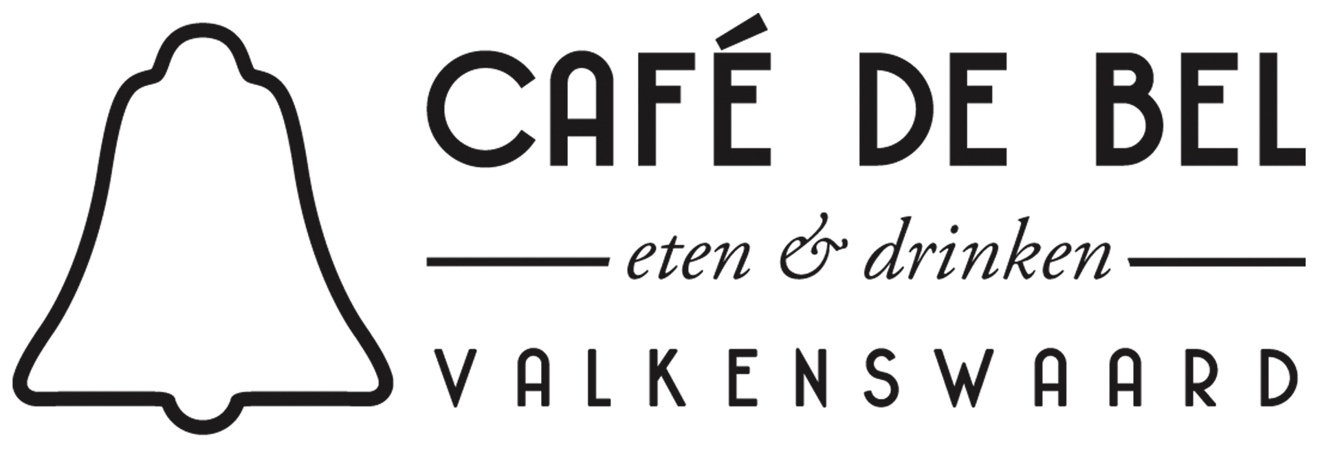 A black and white logo for cafe de bel valkenswaard