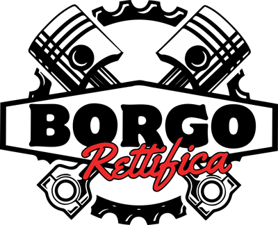 Borgorettifica Logo per Borgo Rettifica, con pistoni, ingranaggi e testo in nero e rosso.