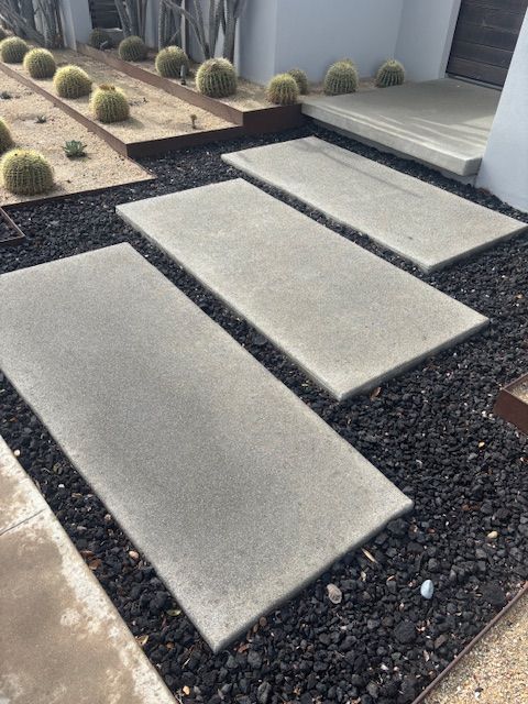 A concrete walkway with cactus in the background