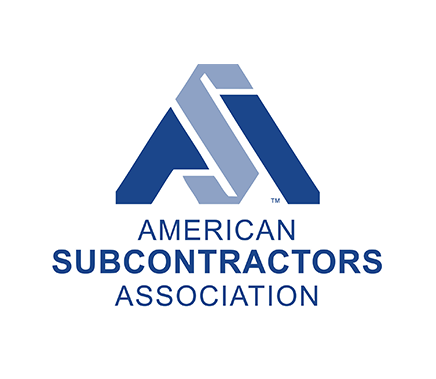 The logo for the american subcontractors association is blue and white.