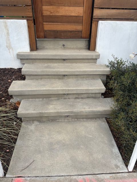 A set of concrete stairs leading up to a wooden door.
