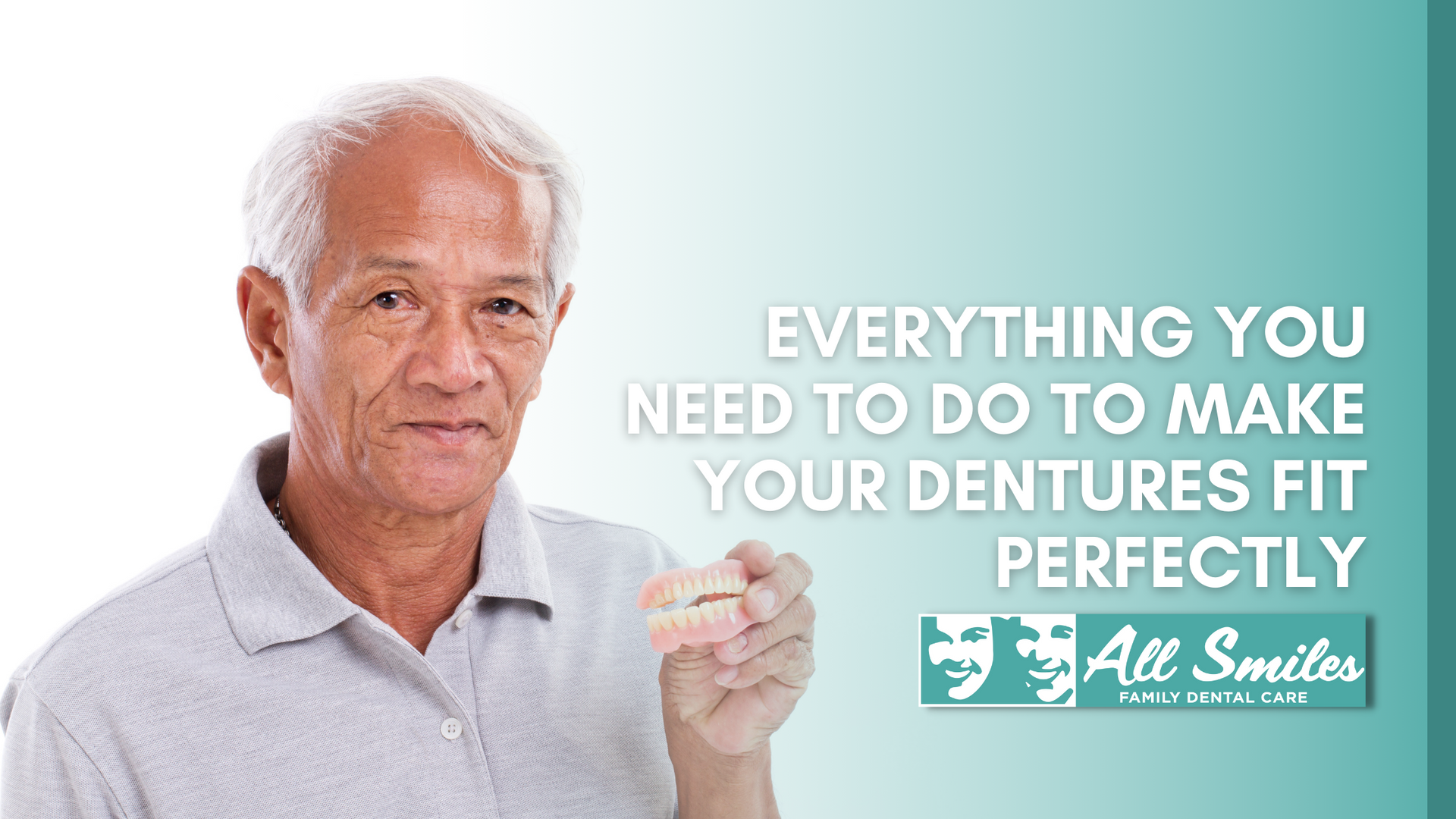 an ad for all smiles family dental care shows a man holding a denture