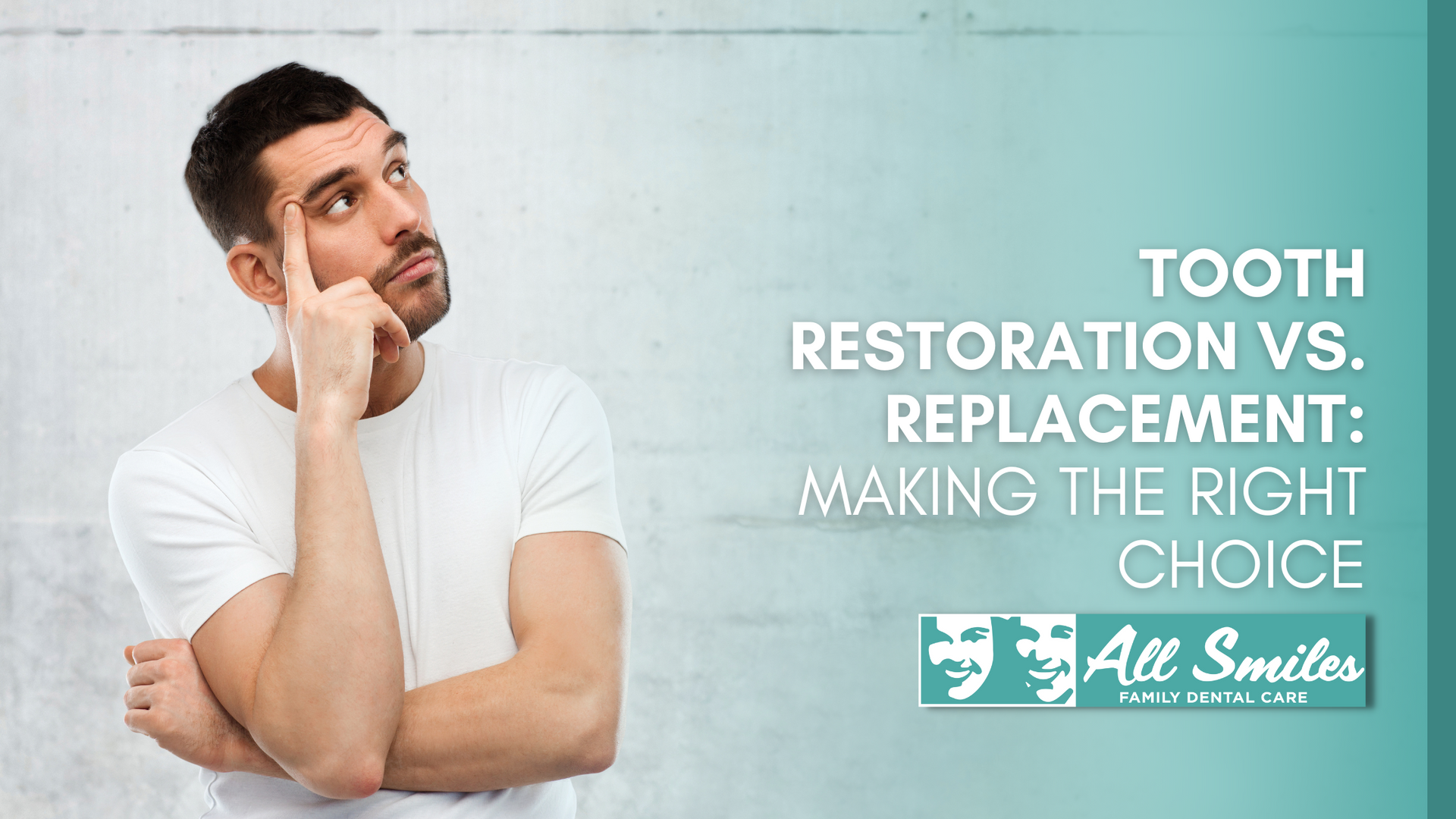 A man is thinking about tooth restoration vs. replacement.