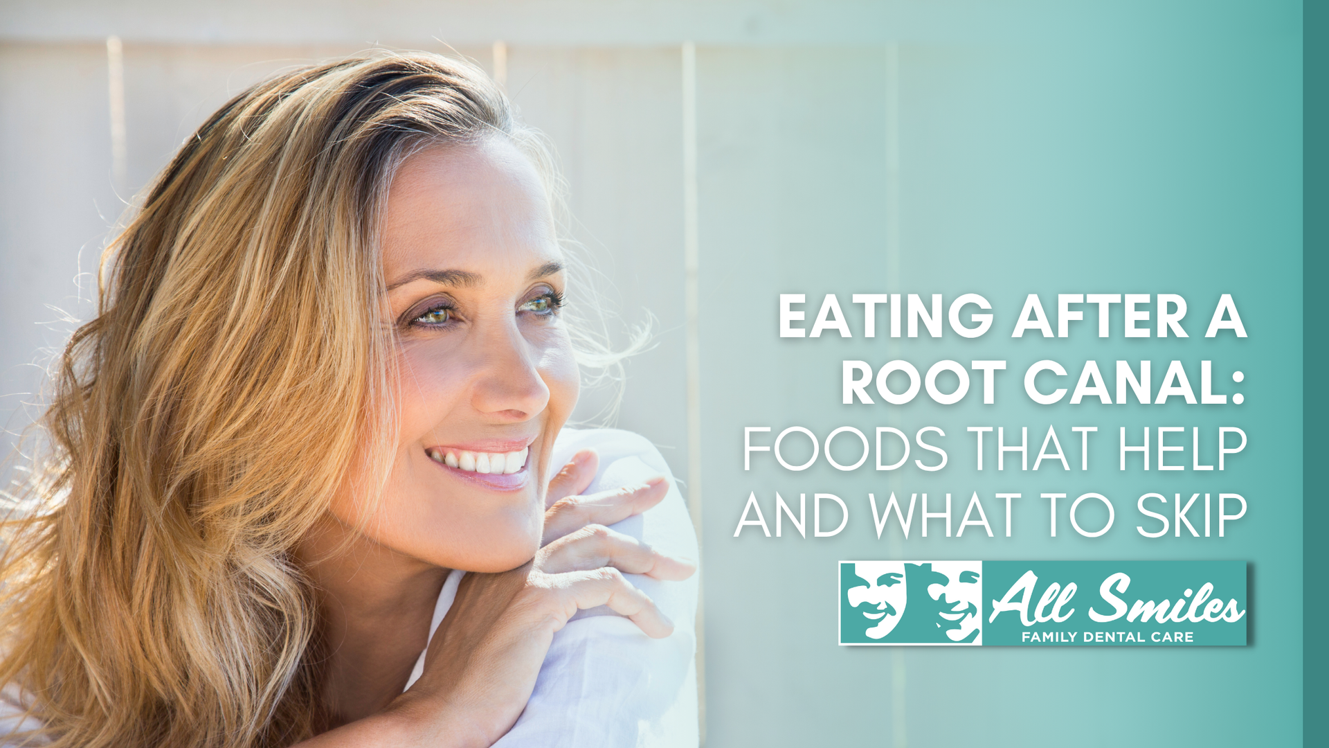 A woman is smiling while eating after a root canal.