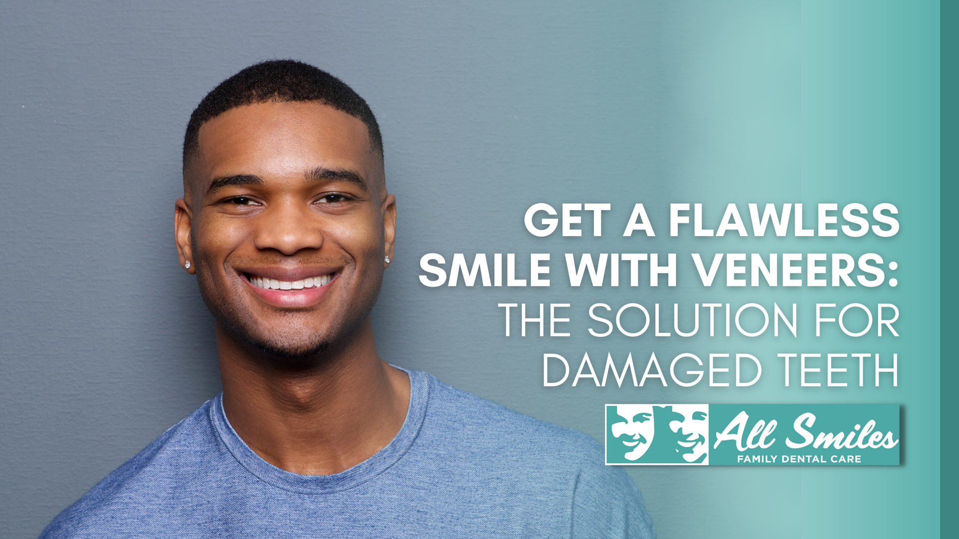 A man with a flawless smile with veneers : the solution for damaged teeth.