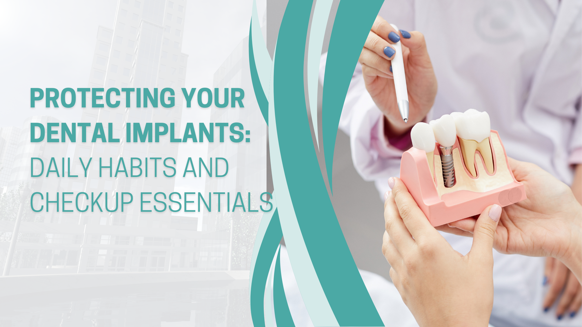 A dentist points to a dental model; text says 