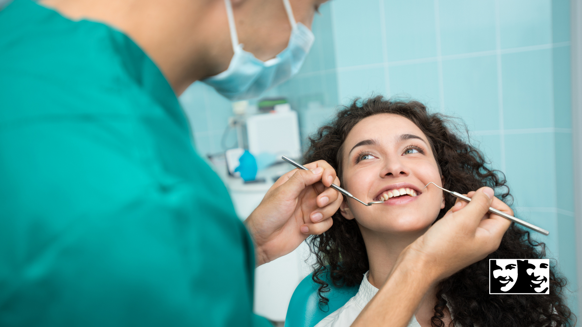 A woman is getting her teeth examined by a dentist.