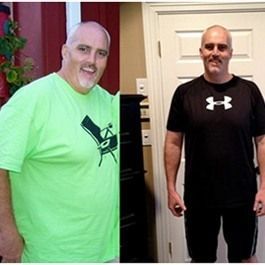 Weight loss transformation: Man in green shirt versus man in black shirt, smiling, inside.