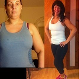 Before and after weight loss photos of a woman in a blue tank top and then a white tank top, smiling.