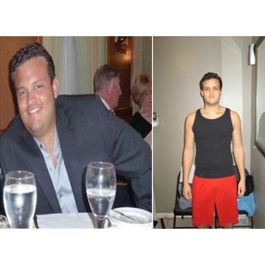 Man before/after weight loss: left, smiling in suit, right, thin in tank top and shorts.