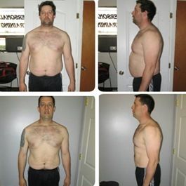 Weight loss progress: overweight man before and after, front and side views in a room.