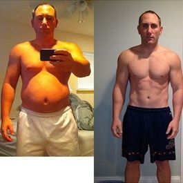 Man's before/after weight loss photos. Left: overweight. Right: fit, toned. Shows visible abdominal muscles.