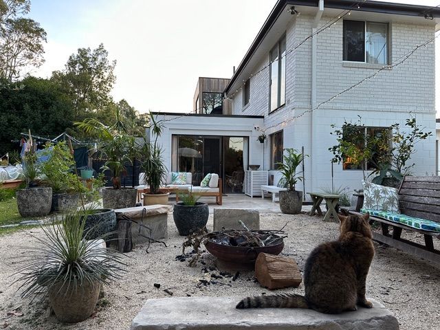 A cat is sitting on a rock in front of a house — Timeless Painting In Umina Beach, NSW