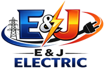 Logo for E&J Electric featuring the letters "E&J," a lightning bolt, a power transmission tower, and an electrical plug.