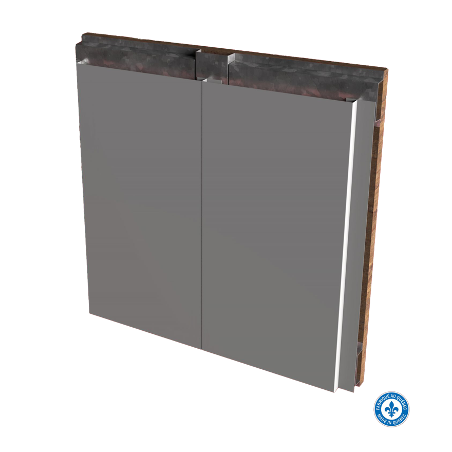 Vue en coupe d'un mur de bâtiment montrant des couches de matériaux, notamment des panneaux, une isolation et un support structurel.