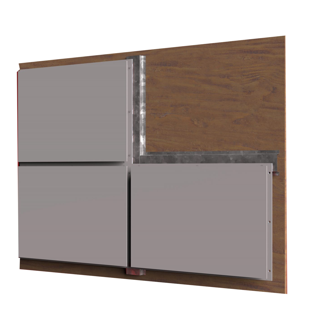 Panneaux de bardage carrés gris posés sur un mur en bois, avec supports métalliques apparents.