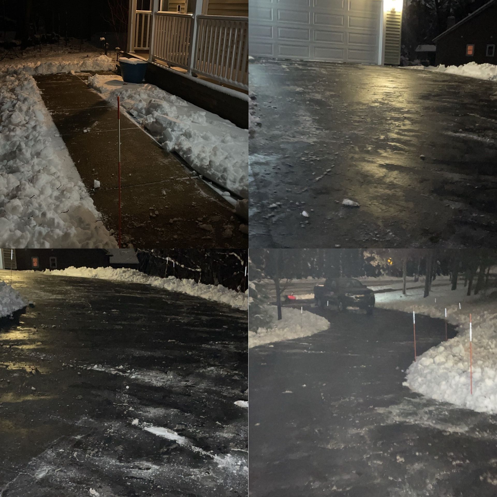 A collage of photos showing a driveway covered in snow
