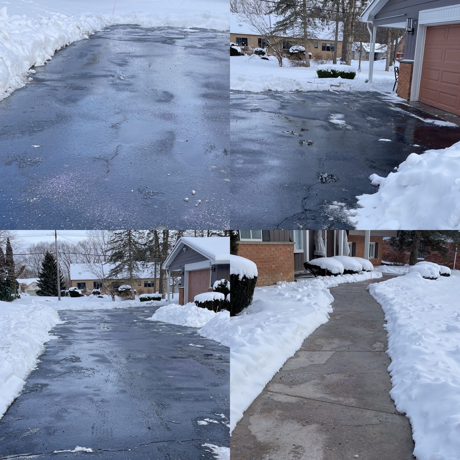 A collage of pictures of a snowy driveway and sidewalk