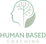 A logo for human based coaching with a brain and a leaf.