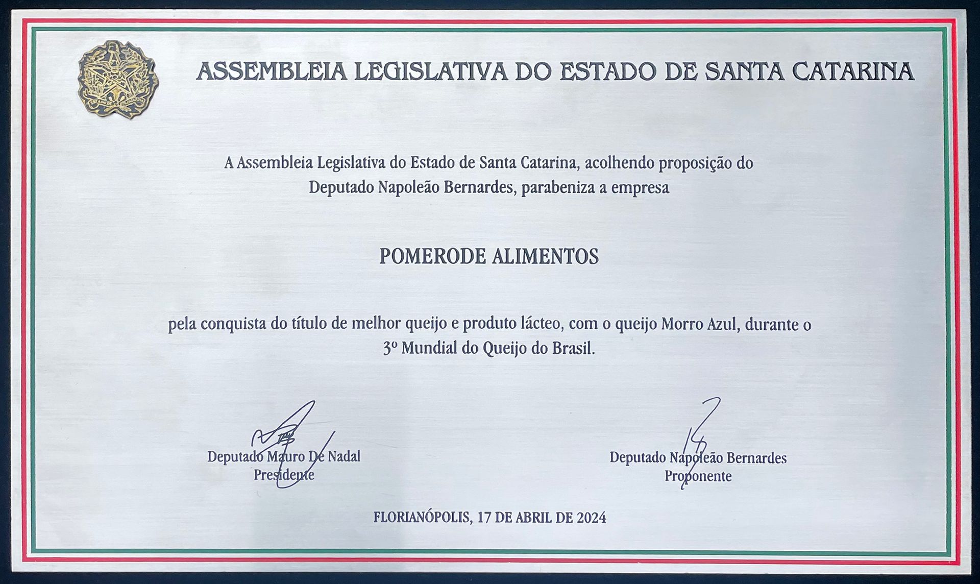 A certificate from the assembleia legislativa do estado de santa catarina