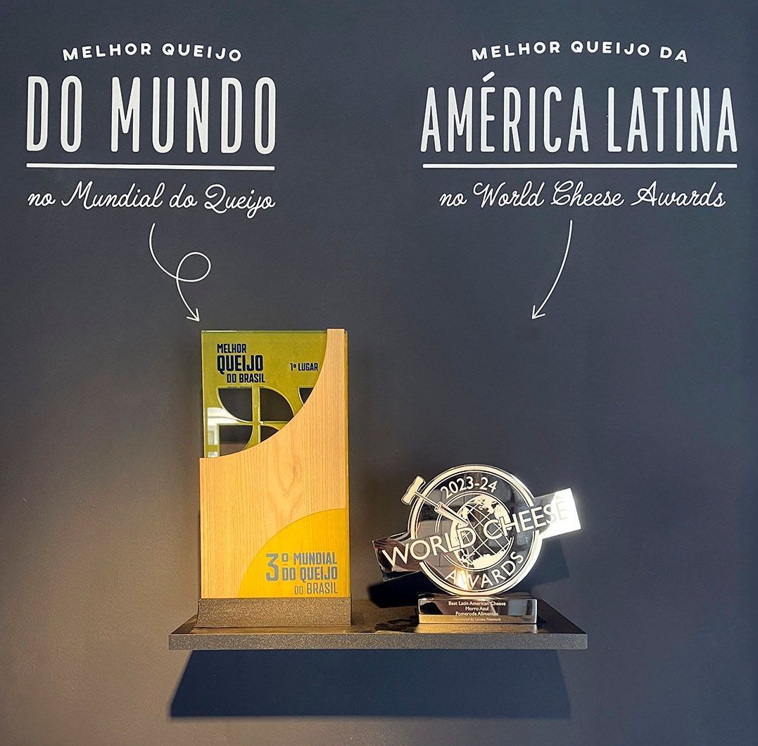 Dois troféus em uma prateleira que dizem do mundo e américa latina