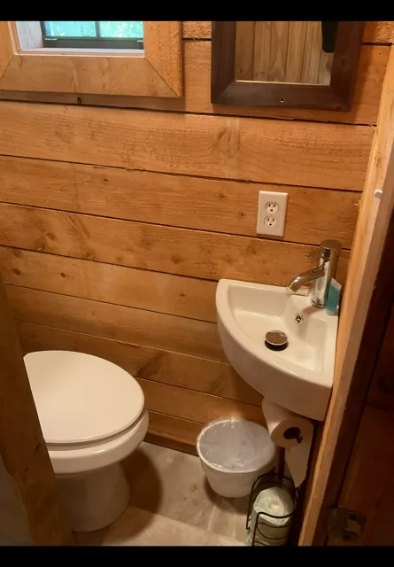 Small rustic bathroom with toilet, wall-mounted sink, mirror, and wood-paneled walls.