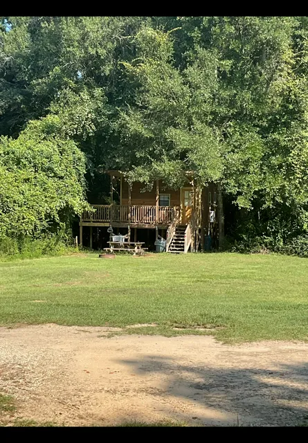Small wooden house partially hidden by trees behind a grassy lawn and dirt path