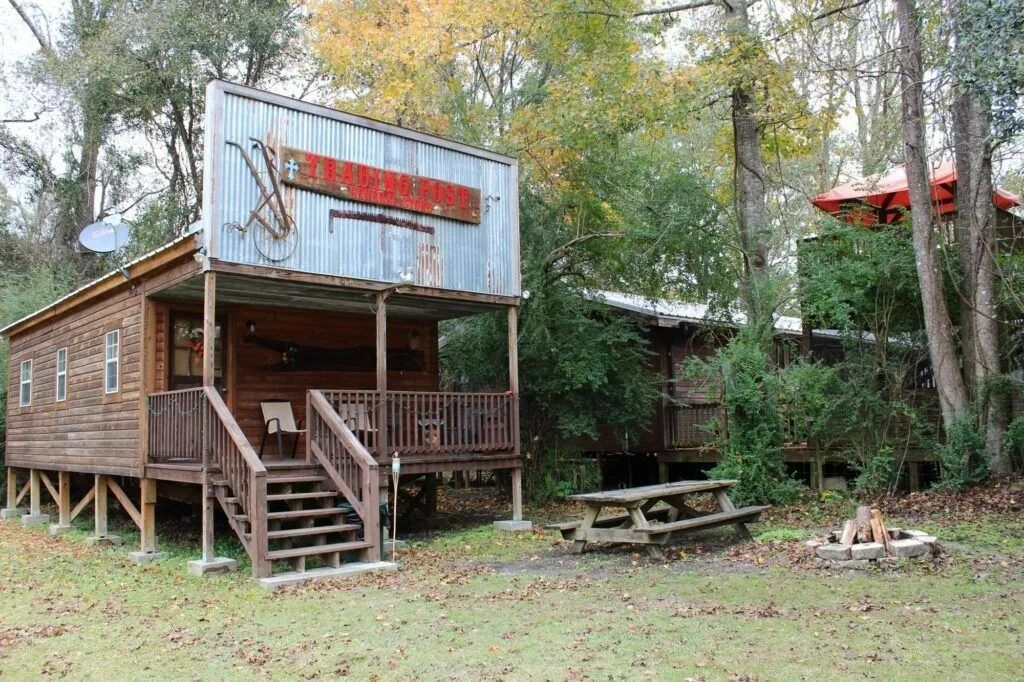 Rustic wooden cabin with porch in a wooded area, surrounded by trees and grass.