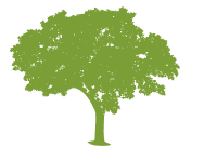 A silhouette of a green tree on a white background